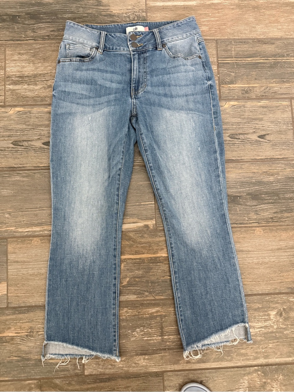 CAbi Hi-low Light Blue Cropped Straight Jeans with Raw Hem